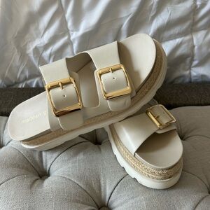 Madden Girl Cream Platform Slide Sandals with Gold Buckles